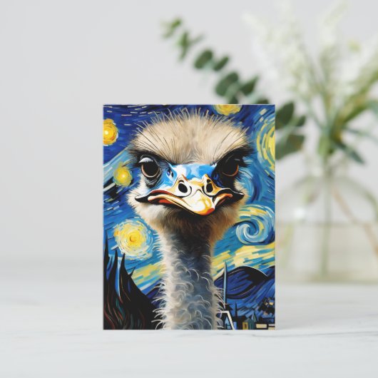 星空の夜のはがき絵に描かれた可愛らしいダチョウ ポストカード (スタンド正面)