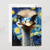 星空の夜のはがき絵に描かれた可愛らしいダチョウ ポストカード (正面/裏面)