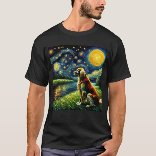 星空の夜のイギリスのセッター犬ファンゴッホ恋人 Tシャツ (正面)