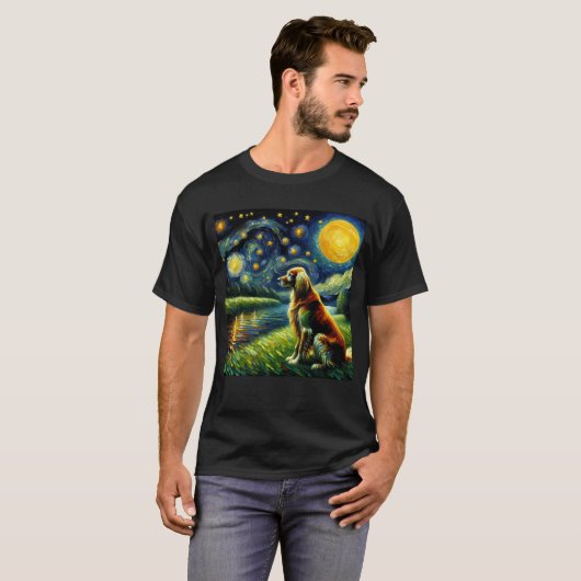 星空の夜のイギリスのセッター犬ファンゴッホ恋人 Tシャツ (正面フル)