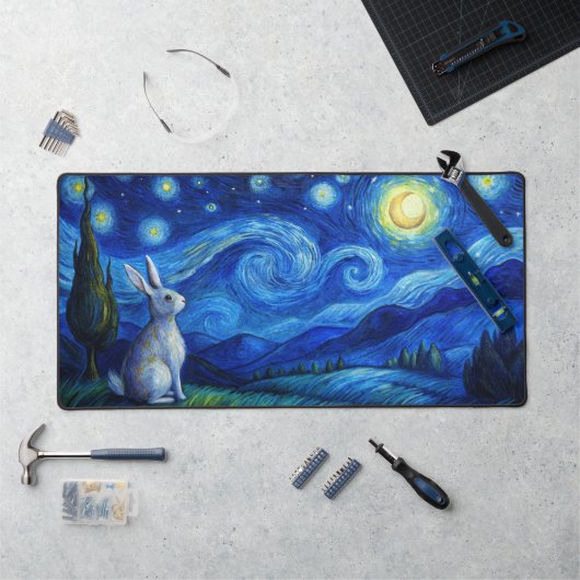 星空の夜のイースターバニー デスクマット (ワークステーション)