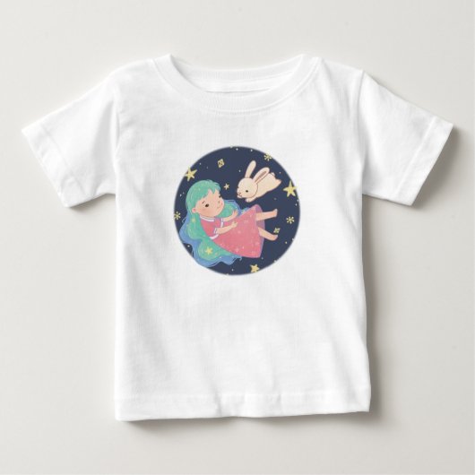星空の夜のウサギと少女のイラスト ベビーTシャツ (正面)