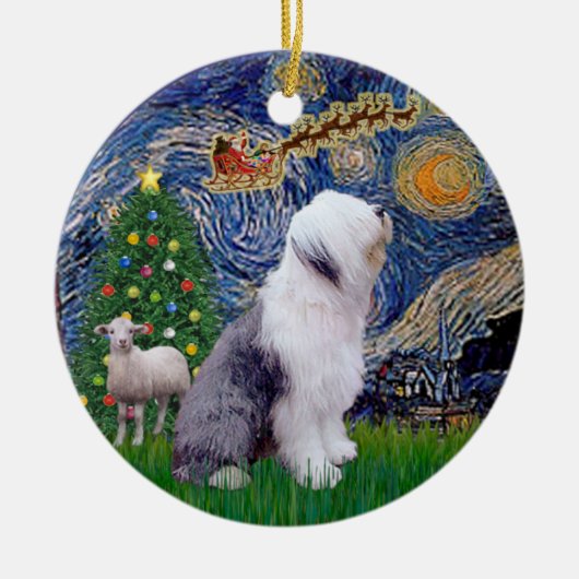 星空の夜のクリスマス- Old English Sheepdog セラミックオーナメント (正面)