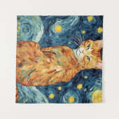 星空の夜のジンジャータビー猫 タペストリー (正面(横))