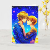 星空の夜のバレンタインデーに登場するアニメカップル カード (黄色い花)
