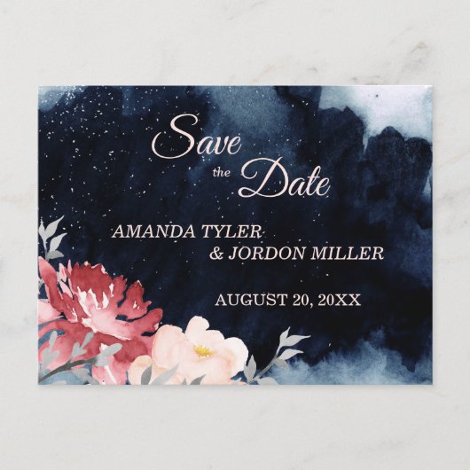 星空の夜のフローラ結婚式の日付はがきを保存 案内ポストカード (正面)