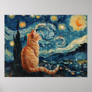 星空の夜のヴィンセント・ヴァン・ゴッホと猫 ポスター