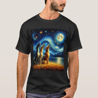 星空の夜の三人の大きな踊りが月で鳴る Tシャツ