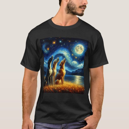 星空の夜の三人の大きな踊りが月で鳴る Tシャツ (正面)