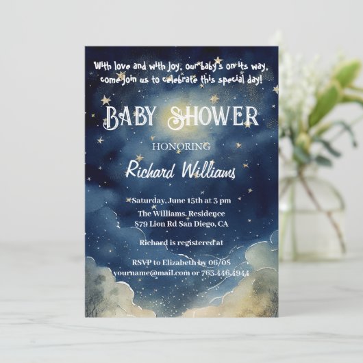 星空の夜の天体の水の色ベビーシャワー 招待状 (スタンド正面)
