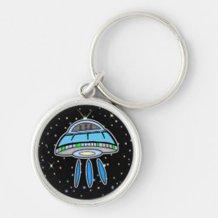 星空の夜の宇宙を持つブルーUFO キーホルダー