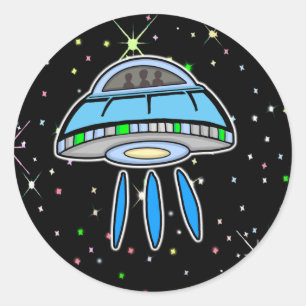 星空の夜の宇宙を持つブルーUFO ラウンドシール