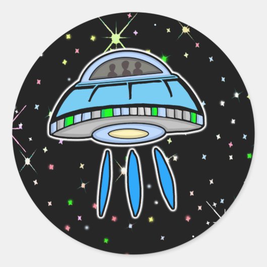 星空の夜の宇宙を持つブルーUFO ラウンドシール (正面)