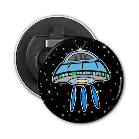 星空の夜の宇宙を持つブルーUFO 栓抜き (正面)