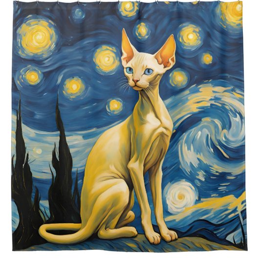 星空の夜の小妖精や小人スフィンクス猫シャワーカーテンデコール シャワーカーテン (正面)