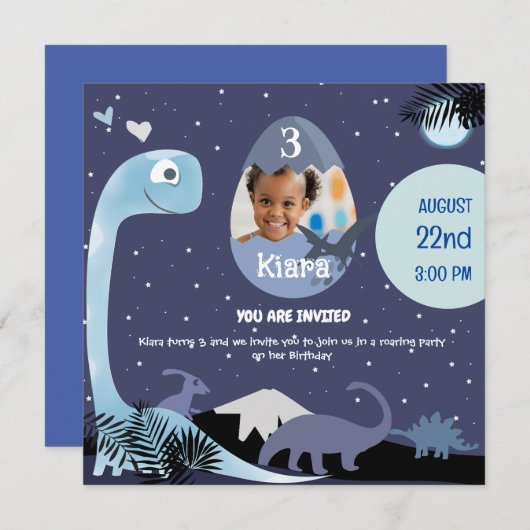 星空の夜の恐竜をテーマにした3番目の誕生日のinvitati 招待状 (正面/裏面)