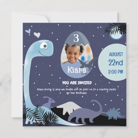 星空の夜の恐竜をテーマにした3番目の誕生日のinvitati 招待状 (正面)