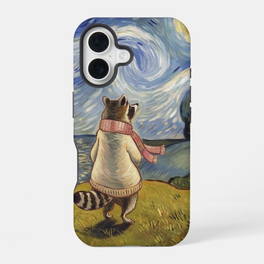 星空の夜の散歩 – Cozy Raccoon Art iPhone 16ケース (裏面)
