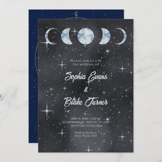 星空の夜の月の位相〔占星術の〕十二宮図シレ結婚ンツ 招待状 (正面/裏面)