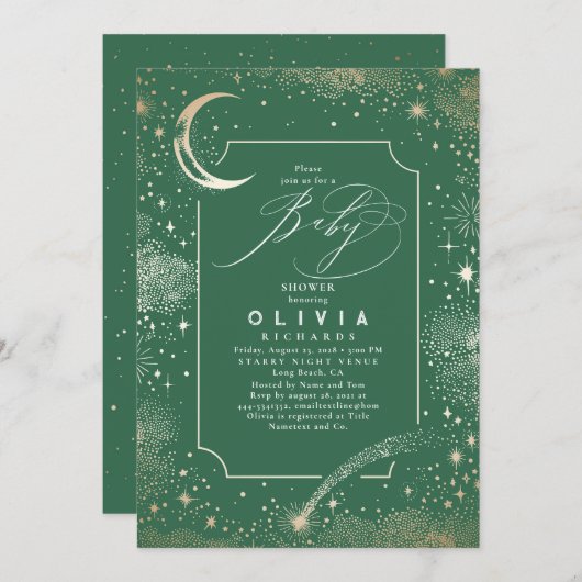 星空の夜の月の神秘的な天の赤ちゃんシャワー 招待状 (正面/裏面)