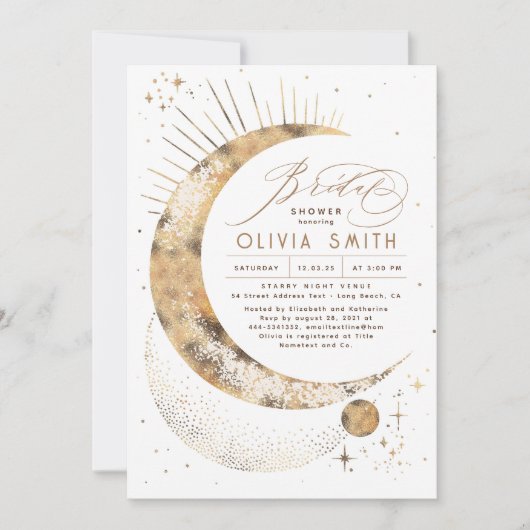 星空の夜の月の神秘的な天体ブライダルシャワー 招待状 (正面)