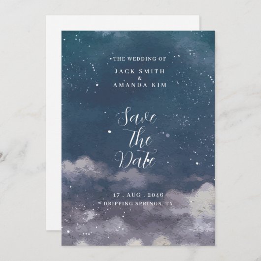 星空の夜の月明かりの結婚式の日付を保存 招待状 (正面/裏面)