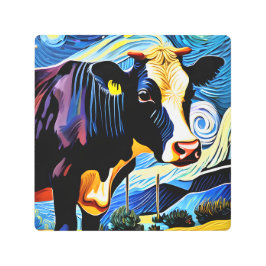 星空の夜の牛 メタルプリント