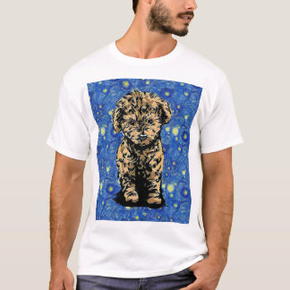 星空の夜の犬の子犬プードル Tシャツ