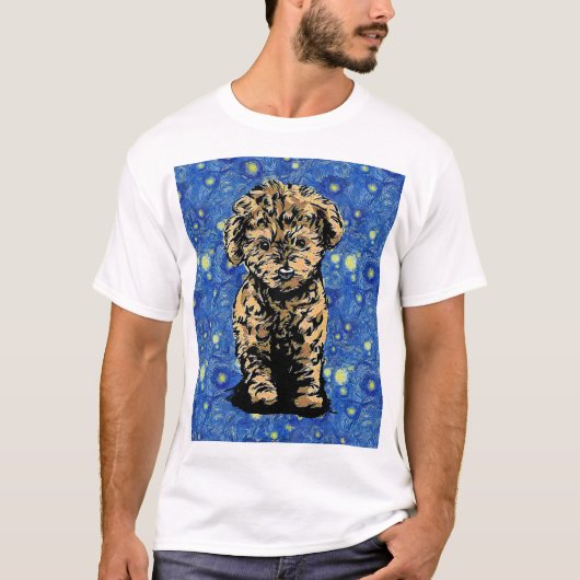 星空の夜の犬の子犬プードル Tシャツ (正面)