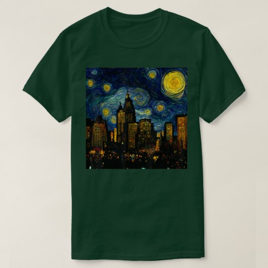 星空の夜の街並みファンゴッホインスピレーションArt Mi Tシャツ (デザイン正面)