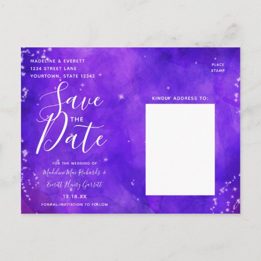 星空の夜の銀河系水の色の保存日付 案内ポストカード (裏面)