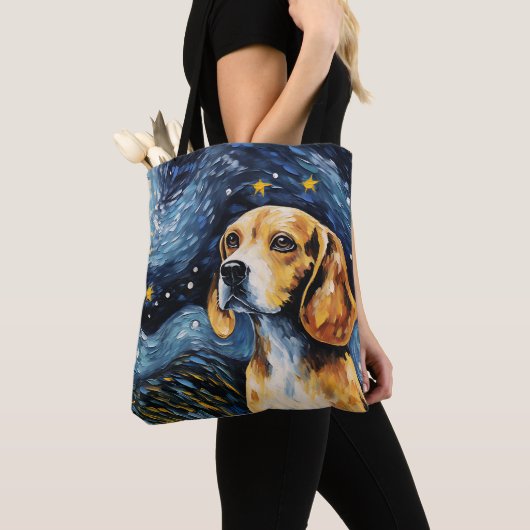 星空の夜をテーマにしたビーグル犬 トートバッグ (クローズアップ)