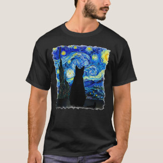 星空の夜を満喫する猫! Tシャツ