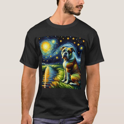 星空の夜アメリカのブルドッグ犬ファンゴッホ恋人 Tシャツ (正面)