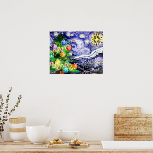 星空の夜クリスマスツリーの水色 ポスター (キッチン)