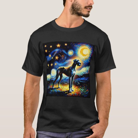 星空の夜グレートダーンドッグファンゴッホ恋人 Tシャツ (正面)