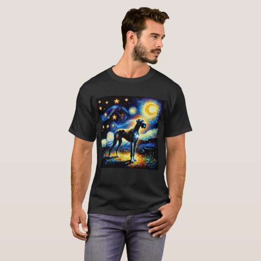 星空の夜グレートダーンドッグファンゴッホ恋人 Tシャツ (正面フル)