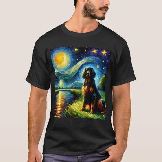 星空の夜ゴードン・セッター犬ファンゴッホ恋人 Tシャツ (正面)