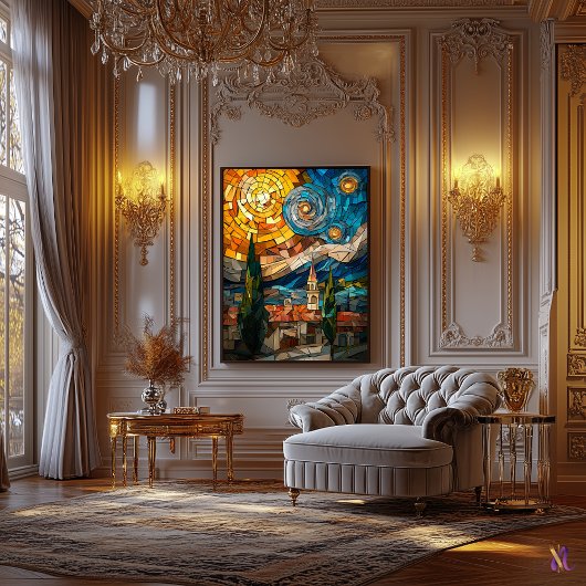 星空の夜ステンドグラスのモザイクのアートワーク キャンバスプリント