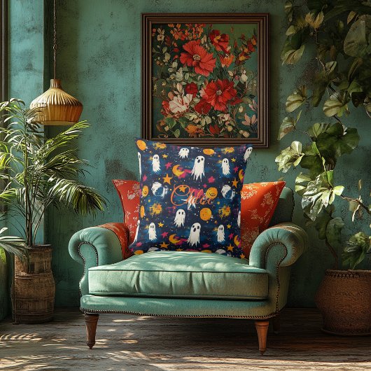 星空の夜ハロウィーンの幽霊付きよくはしゃぐ枕 クッション