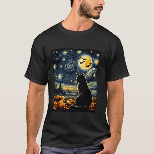 星空の夜ハロウィーンの衣装ブラックキャットカボチャ Tシャツ (正面)
