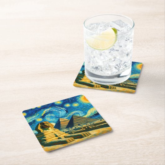 星空の夜ピラミッドSphinxエジプト スクエアペーパーコースター (インサイチュ)