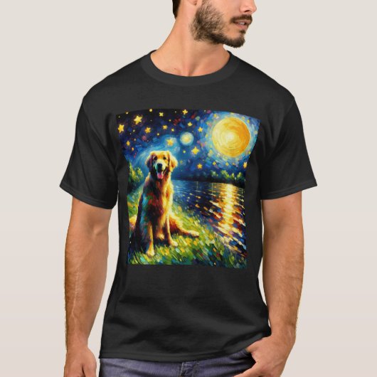 星空の夜フラットコートレトリエバードッグバンゴッホ Tシャツ (正面)