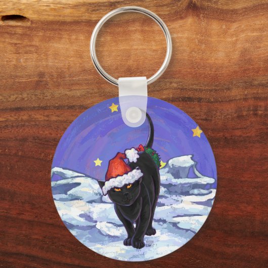 星空の夜ブラックキャットクリスマス キーホルダー (正面)