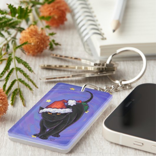 星空の夜ブラックキャットクリスマス キーホルダー (正面右)