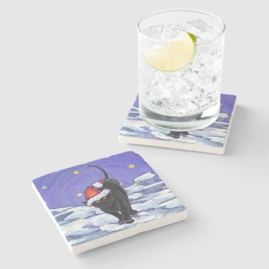 星空の夜ブラックキャットクリスマス ストーンコースター (横)