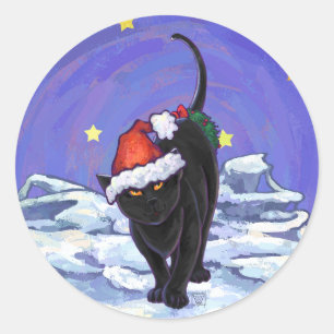 星空の夜ブラックキャットクリスマス ラウンドシール