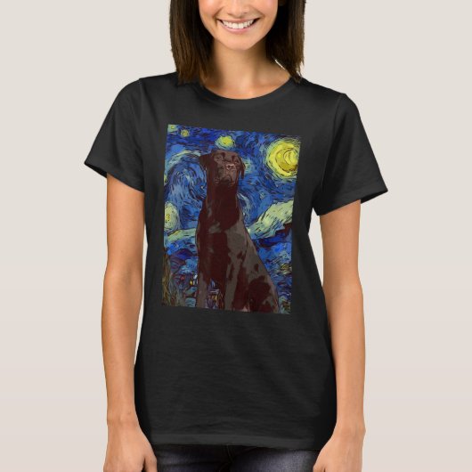 星空の夜ブラックジャイアントラブラドール絵画犬の犬 Tシャツ (正面)