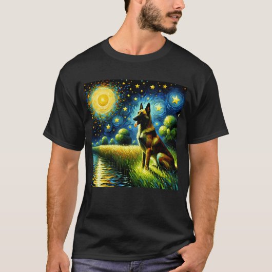 星空の夜ベルギーマリノイスドッグバンゴッホ恋人 Tシャツ (正面)