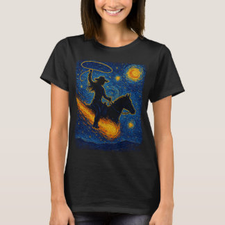 星空の夜女性のカーボーイ：ファンゴッホウェスタンアートプリント Tシャツ